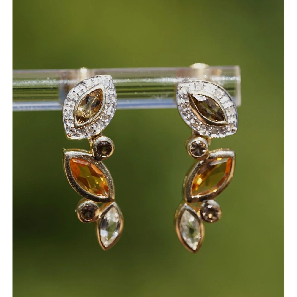 Vintage 14k Solid Gold Natural Citrine Aquamarine Quartz Diamond Dangle Earrings